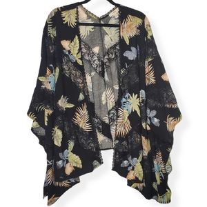 Entro Black Lace Tropical Floral Flyaway Kimono OS